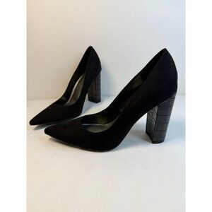 Nine West Paulee Pumps Women Size 8.5M Black Leathe Croc Pointed Toe Block Heel